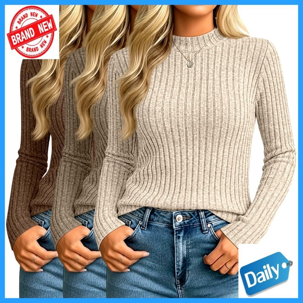 3 Pack Women's Mock Neck Sweaters Long Sleeve Lightweight Pullover
